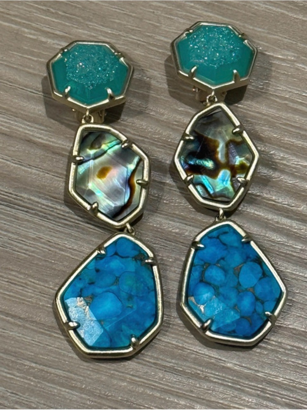 Kendra Scott Blue Triple-Drop Statement Clip on Earrings - Turquoise & Abalone -